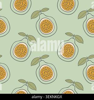 Nahtloses Muster mit handgezeichneten Fruchthälften auf grünem Hintergrund. Niedliches tropisches granadilla-Fruchtmuster für Textil-, Küchen- oder Geschenkpapier. Vektorabbildung Stock Vektor