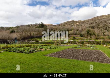 Bezaubernde Aussicht auf den viktorianischen ummauerten Garten in Kylemore Abbey, Connemara, Irland Stockfoto