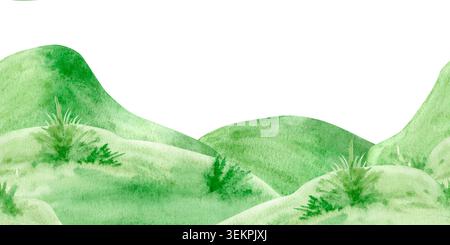Nahtlose Grenze mit sanften grünen Hügeln und Gras isoliert auf weißem Hintergrund. Handgezeichneter botanischer Streifen für Landschaftsgestaltung im Frühling, Stockfoto