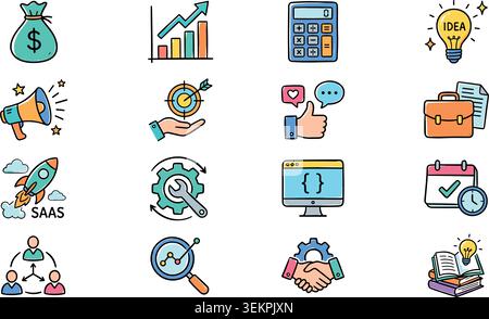 Große Auswahl an Business-Ikonen im Doodle-Stil. Vektorillustration kann in Bildung, Bank, IT, SaaS, Finanzen, Marketing und andere Geschäftsbereiche. Stock Vektor