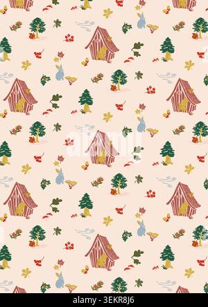 ute Waldtiere versammelten sich um eine gemütliche Hütte in einem magischen Wald, bezaubernde Natur für Kinder und saisonale Designs. Stockfoto