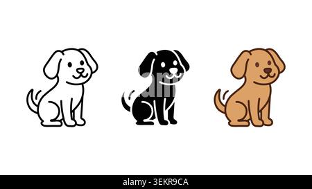 Hund Welpe Symbol Set Umriss Silhouette und Farbvektor isoliert auf weißem Hintergrund Stock Vektor
