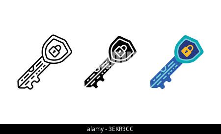 Sicherheitsschlüssel mit Schild und Schloss Symbol Set Umrisssilhouette und Farbvektor isoliert auf weißem Hintergrund Stock Vektor