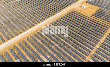 Luftaufnahme eines großen Solarparks mit Photovoltaikanlagen in einer trockenen Landschaft in Coria del Rio, Andalusien Stockfoto