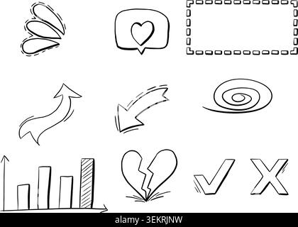 Handgezeichnete Social-Media- und Business-Doodle-Elemente setzen Pfeil Herzdiagramm Häkchen schwarze Strichgrafik auf weißem Hintergrund Stock Vektor