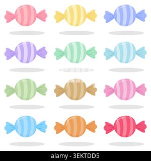Niedliche Bonbons in Pastellpackung mit bunten Streifen. Perfekt für Partydekorationen, Verpackungen, Grußkarten, Aufkleber, Geburtstagsfeier Stock Vektor