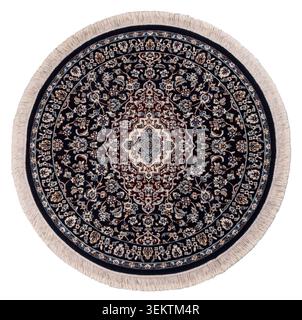 Authentischer, handgeknüpfter orientalischer runder Teppich mit einem komplizierten zentralen Medaillon-Layout mit detaillierten klassischen Blumenmotiven und kreisförmigen Borten Stockfoto