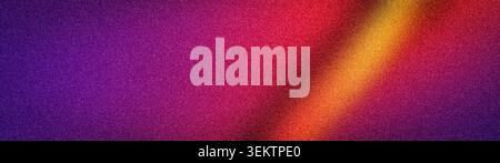 Abstrakter breiter Hintergrund mit einer körnigen Textur mit einem lebhaften Farbverlauf aus Violett-, Magenta-, Rot- und Orangetönen, perfekt für moderne Banner und Stockfoto