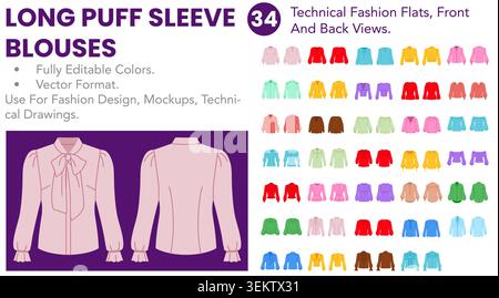 Lange Puffärmelblusen mit modischen Flats, Vorder- und Rückansicht, Farbvarianten, langen Puffärmeln und dramatischen Silhouetten. Vektorabbildung Stock Vektor