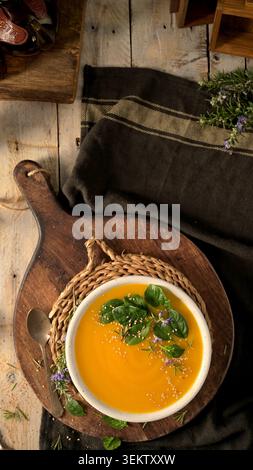 Ein Blick von oben auf eine lebendige Orangensuppe, serviert in einer weißen Keramikschale, dekoriert mit frischen grünen Blättern und Samen über einem rustikalen Woo Stockfoto