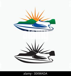 Kreatives Speedboat-Logo-Set mit Sonnenaufgang, Wasserstraße und Küstenlandschaft, symbolisiert Reisen, Erholung, Freiheit und Abenteuer. Stock Vektor