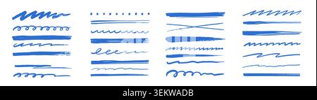 Blaues Pinselstift-Markierungsset unterstreichen. Handgezeichneter Pinselstift blaue Farbe unterstreichen die Textur des Kritzelns. Sketch Tusche Bleistift Highlight Divider Wave Grunge handgeschrieben. Vektorabbildung Stock Vektor