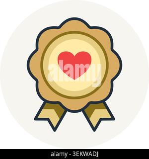 Goldenes Siegelabzeichen mit rotem Herzsymbol und Bändern für hervorragende Liebe, Qualitätssicherung oder Wellness-Zertifizierung. Stock Vektor