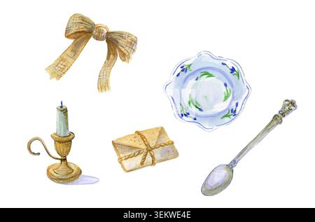 Gemütliche Vintage-Elemente in Aquarellfarben, Set mit blauem Kerzenhalter, Kuvertlöffel und Schleife. Handgezeichnetes Aquarellbündchen für kreative Zwecke Stockfoto