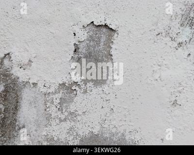 Eine horizontale, weite Nahaufnahme von schuppiger, abgebrochener weißer Farbe, die sich von einer alten Außenwand ablöst und die grobe graue Betonstruktur darunter aufgrund von e freigibt Stockfoto