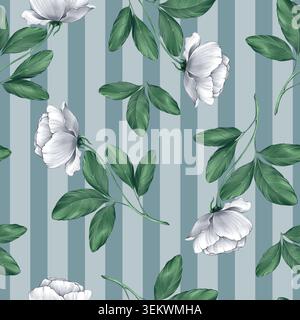 Floral gestreiftes Nahtloses Muster mit weißen Rosen und Blättern. Stockfoto