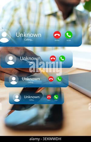Empfangen mehrerer betrügerischer Anrufnachrichten auf einem Smartphone-Bildschirm während einer wichtigen Aufgabe Stockfoto