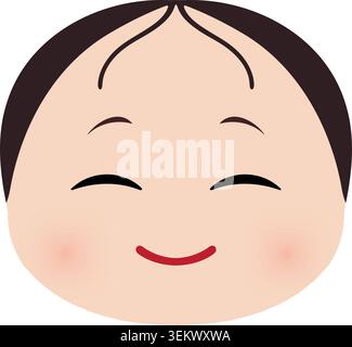 Einfache Illustration eines lächelnden kindlichen Gesichts mit dunklen Haaren geschlossenen Augen rosigen Wangen und geschwungenem Mund. Stock Vektor