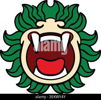 Einfache Illustration einer grün brüllenden Löwenmaske mit breitem Mund und fließender Blattmähne. Stock Vektor