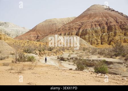 Einsamer Wanderer in den Aktau Bergen im Altyn-Emel Nationalpark Kasachstan Stockfoto