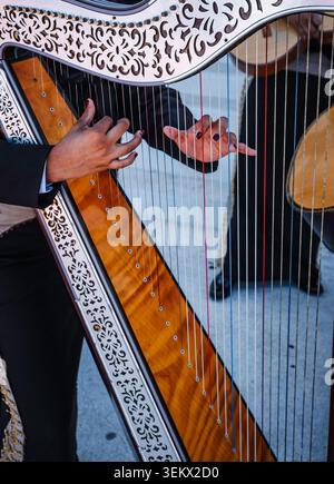 Nahaufnahme eines Musikers, der eine traditionelle mexikanische Mariachi-Harfe spielt. Volksmusik mit Streichinstrumenten und Musikern in charro-Anzug Stockfoto