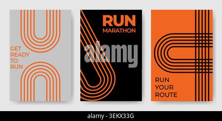 Marathonlauf-Postervorlagen mit geschwungenen Streifen. Vektor-realistische Illustration des einfachen geometrischen Sport-Bannerdesigns, abstrakte Bahnpfadformen und Raum für Text, Wettkampfeinladungsset Stock Vektor