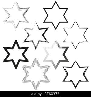Satz von schwarzen Star of David Symbolen in verschiedenen Stilen Vektor. Perfekt für religiöse Feiertage und kulturelle Designprojekte. EPS 10. Stock Vektor
