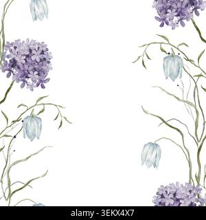 Quadratische Banner Aquarellillustration mit violetter und hellblauer Wildblume botanischer Darstellung. Rechteckiger Rahmen mit handgezeichneter Abbildung der Hortensien Stockfoto