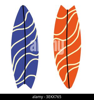 Surfboard-Vektor-Illustrationen isoliert auf weißem Hintergrund. Surfbretter in Blau und Orange mit abstraktem Wellenmuster für Wassersport Stock Vektor