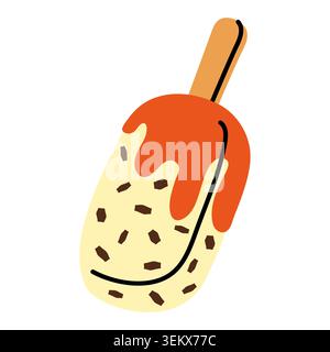 Vanille-Eis mit Schokoladenchips und knalligem Orangenobenüberzug. Hand gezeichnetes Eis auf Stock isoliert auf weißem Hintergrund. Leckere Sommervergnügen Stock Vektor