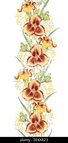 Eine vertikale nahtlose Grenze mit roten und gelben Blumen, Taglilien und gypsophila-Zweigen auf einem isolierten Hintergrund, handgemalt in Aquarell. Brig Stockfoto