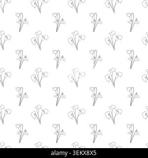 Nahtloses diagonales Blumenmuster mit Dreistielen mit abgerundeten Blüten und Blättern, minimalistisches monochromes Design auf weißem Hintergrund Stock Vektor
