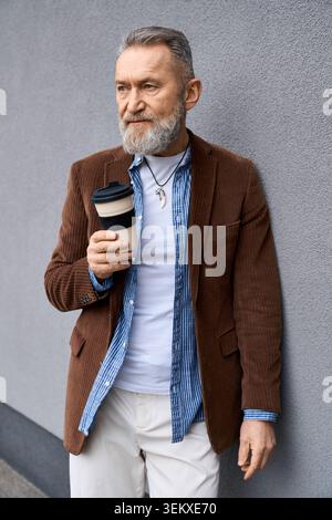 Ein hübscher älterer Mann mit Bart isst seinen Kaffee, während er in einer urbanen Umgebung steht. Stockfoto