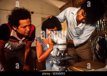 Einer Frau wird geholfen, zum ersten Mal durch ein Mikroskop in einer medizinischen Klinik in Veracruz, Mexiko, zu schauen. 1993 g Stockfoto