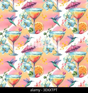 Tropische Wasserfarben mit Cocktail, Kolibri und Orchideenblume. Handgezeichnete Sommer-Illustration für Strandparty Dekor. Nahtloses Hintergrundbild Stockfoto