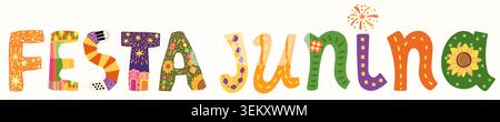 Festa Junina handgemalter Text mit brasilianischen Festival Elementen, Party Banner, Einladung oder Poster Design Element Stock Vektor