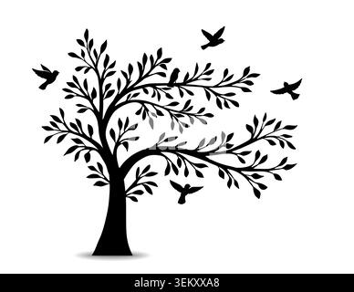 Schwarze Vogelsilhouette mit Baumzweig. Zeichnung der Vektorstruktur der Skizzenstruktur. Muster mit fliegenden Vögeln. Baum mit Blättern auf weißem Hintergrund Stock Vektor