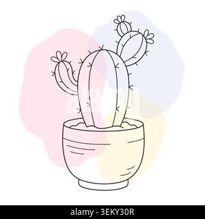 Kaktuslinie Kunst In Topf Vektor Boho Illustration Mit Abstrakten Pastell Formen Minimalistische Pflanze Stock Vektor