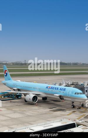 Hanoi, Vietnam - 01.18.2024: Korean Air Aircraft auf der Start- und Landebahn am Flughafen Hanoi. Korean Air ist die Fluggesellschaft Südkoreas und die größte Fluggesellschaft. Stockfoto