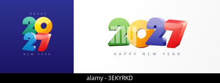 Happy New Year 2027, farbenfrohes 3D-Typografie-Logo. Vektorkonzept für Poster- oder Grußkartendesign. Saisonales Banner mit vertikaler und horizontaler Ausrichtung Stock Vektor