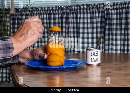 Eine Hand pflückt ein Stück Pfirsich aus einem Glas, während sie an einem Tisch sitzt. Ein Teller hält das Glas mit Pfirsichen zusammen mit einer Dose gebackener Bohnen. Die Vorhänge sind blau und kariert. Stockfoto