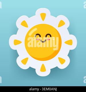 Niedliche lächelnde Sonne Charakter Sommer Vibes Cartoon gelbes Gesicht weiße Strahlen blau verlaufender Hintergrund Sticker Stil Stock Vektor