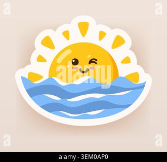 Niedlicher Sonnencharakter Sommer-Vibes zwinkerndes Gesicht, das hinter blauen Ozeanwellen aufsteigt, Pastellhintergrund Cartoon-Sticker Stock Vektor