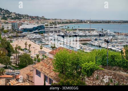 Panoramablick auf den Yachthafen Vieux Port voller Luxusyachten und das Palais des Festivals in Cannes, Frankreich. Stockfoto