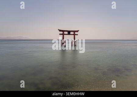 Ruhiger Blick auf das berühmte schwebende, kühne Torii-Tor des Shirahige-Schreins im ruhigen Wasser des Biwa-Sees, Shiga, Japan Stockfoto