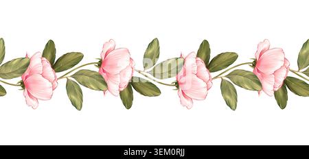 Niedliche handgezeichnete rosa Blumen nahtlose Grenze mit grünen Blättern botanische Illustration Stockfoto