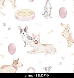 Nahtloses Aquarellmuster mit Laika-, French Bulldog-, Italian Greyhound- und Dachshund-Mustern, Ballons, Knochen, Herzen und Pfoten. Geeignet für nur Stockfoto