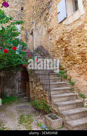 Verwitterte Steintreppen führen zu einer höheren Eingangstür in der Stadt Lourmarin in der Provence Stockfoto