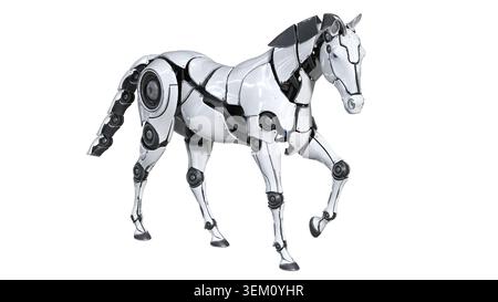 Detaillierte 3D-Illustration eines stehenden Roboterpferdes mit leuchtenden Lichtern und metallischen Platten. Stockfoto