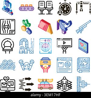 Verschiedene isometrische Symbole, die Technologie, Freizeit und Gesundheit veranschaulichen Stock Vektor